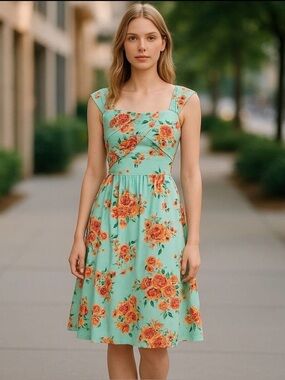 Stop Staring Vintage Look Turquoise Floral Midi Dress NWOT
